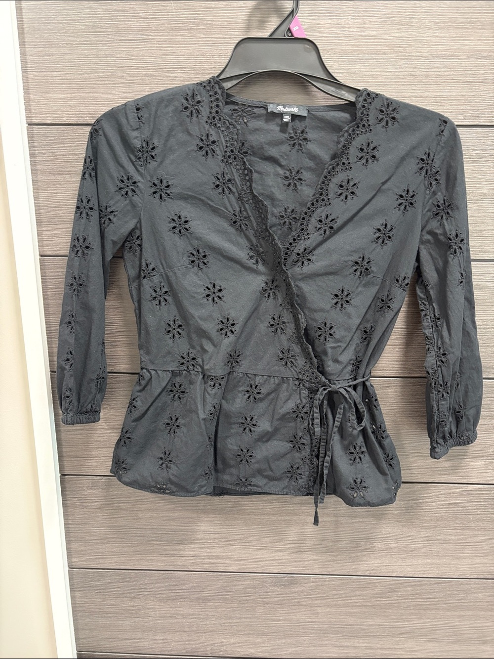 Madewell Black Eyelet Wrap Blouse with Tie Waist
